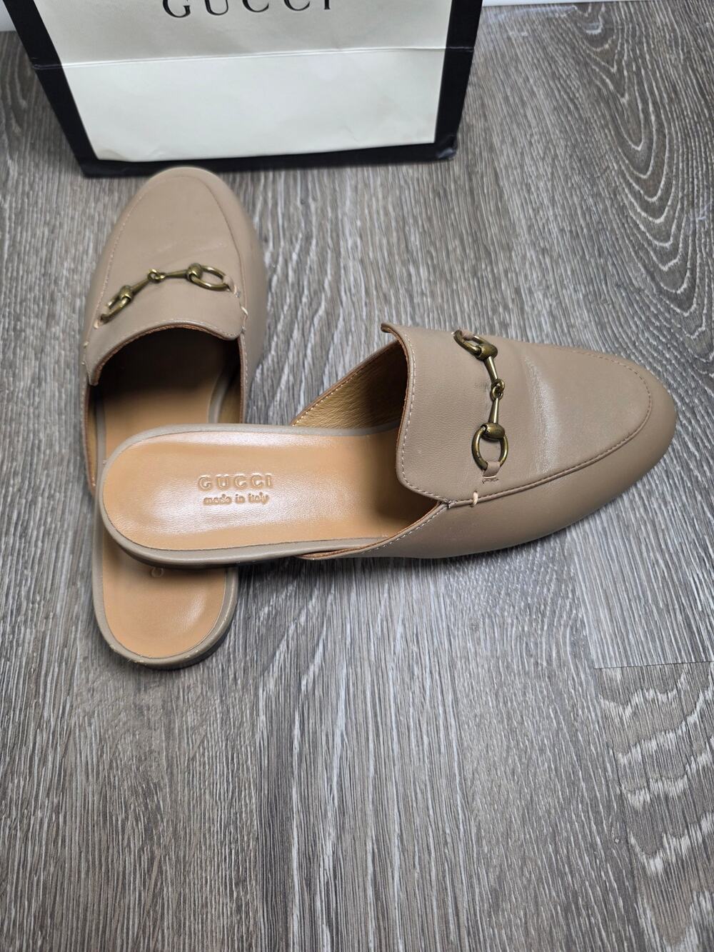 GUCCI Princetown Mule Loafers BeigeTaupe Leather Horsebit Flats EU 41 US 10.5 11